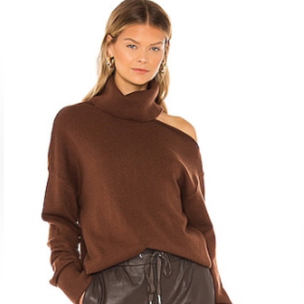 Paige Womens Raundi Turtleneck Cold Shoulder Pullover Sweater Brown
